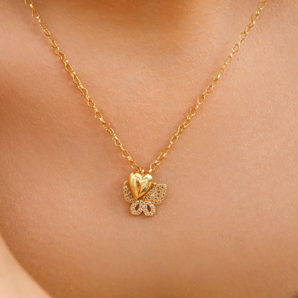 unique gold heart shaped link necklace with gold heart and crystal butterfly charm pendants