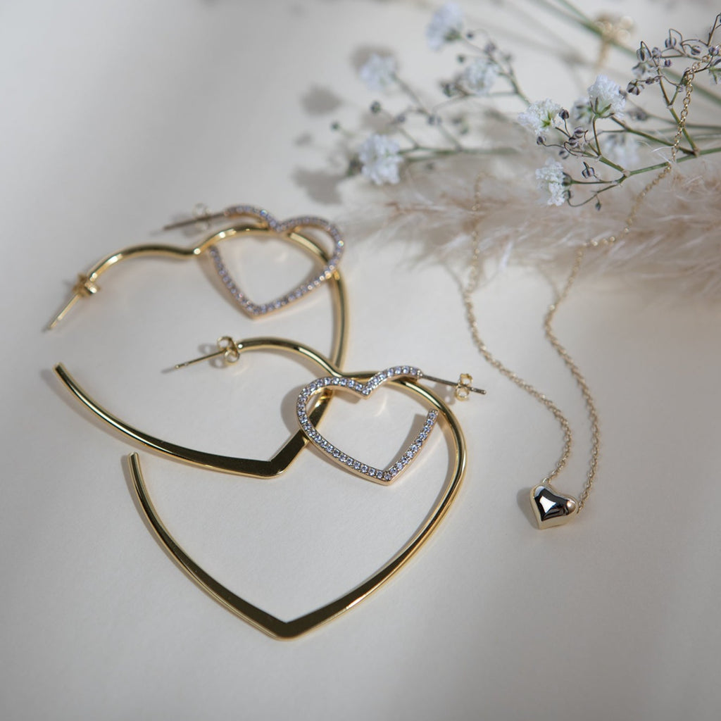 Delicate Gold bubble heart necklace with crystal heart hoop earrings and oversized gold heart hoop earrings