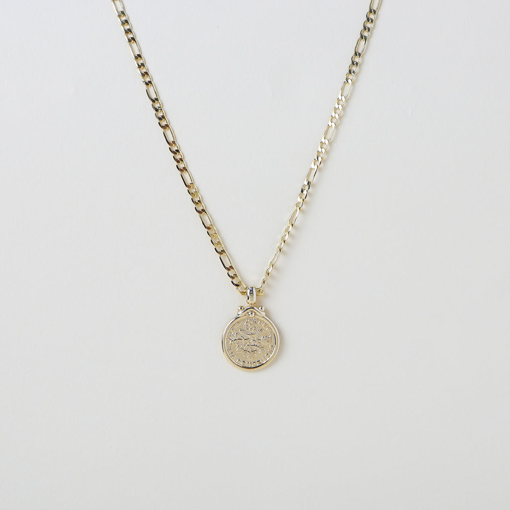 Gold Figaro Necklace with reversible Coin Pendant