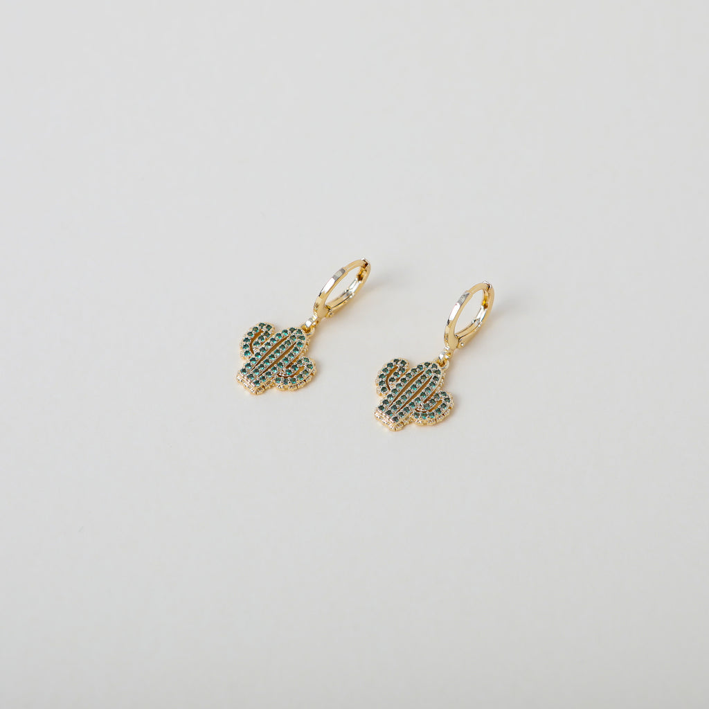 Gold and green crystal accented cactus drop earrings