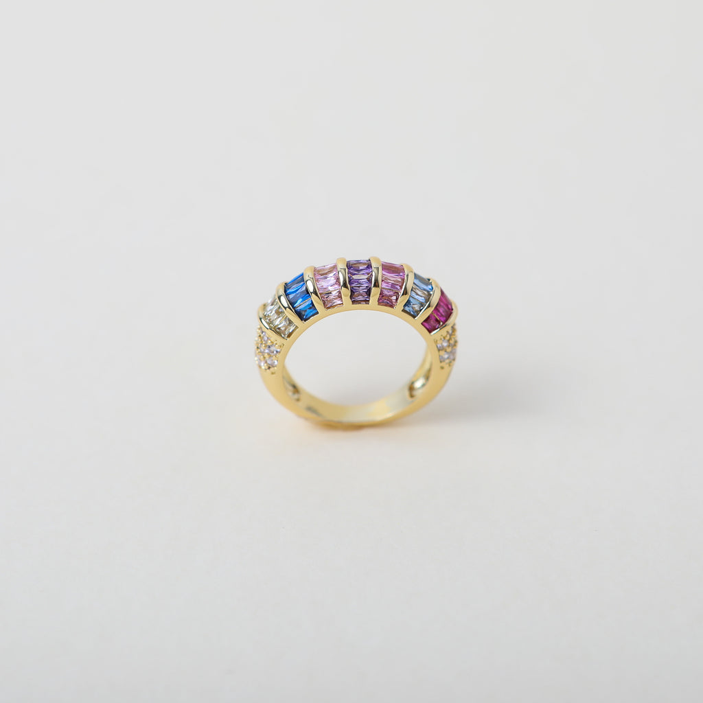 Multi-coloured baguette crystal and gold rings