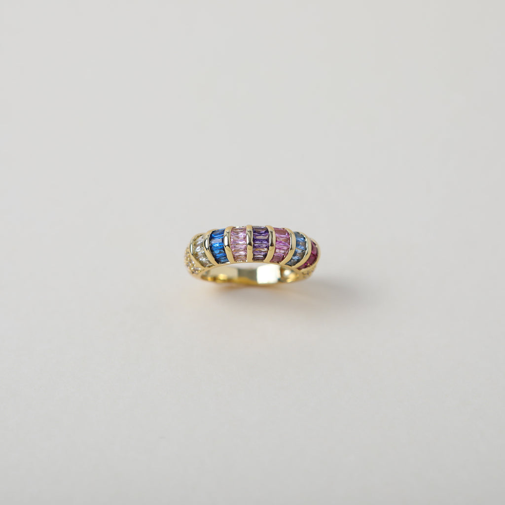 Multi-coloured baguette crystal and gold rings