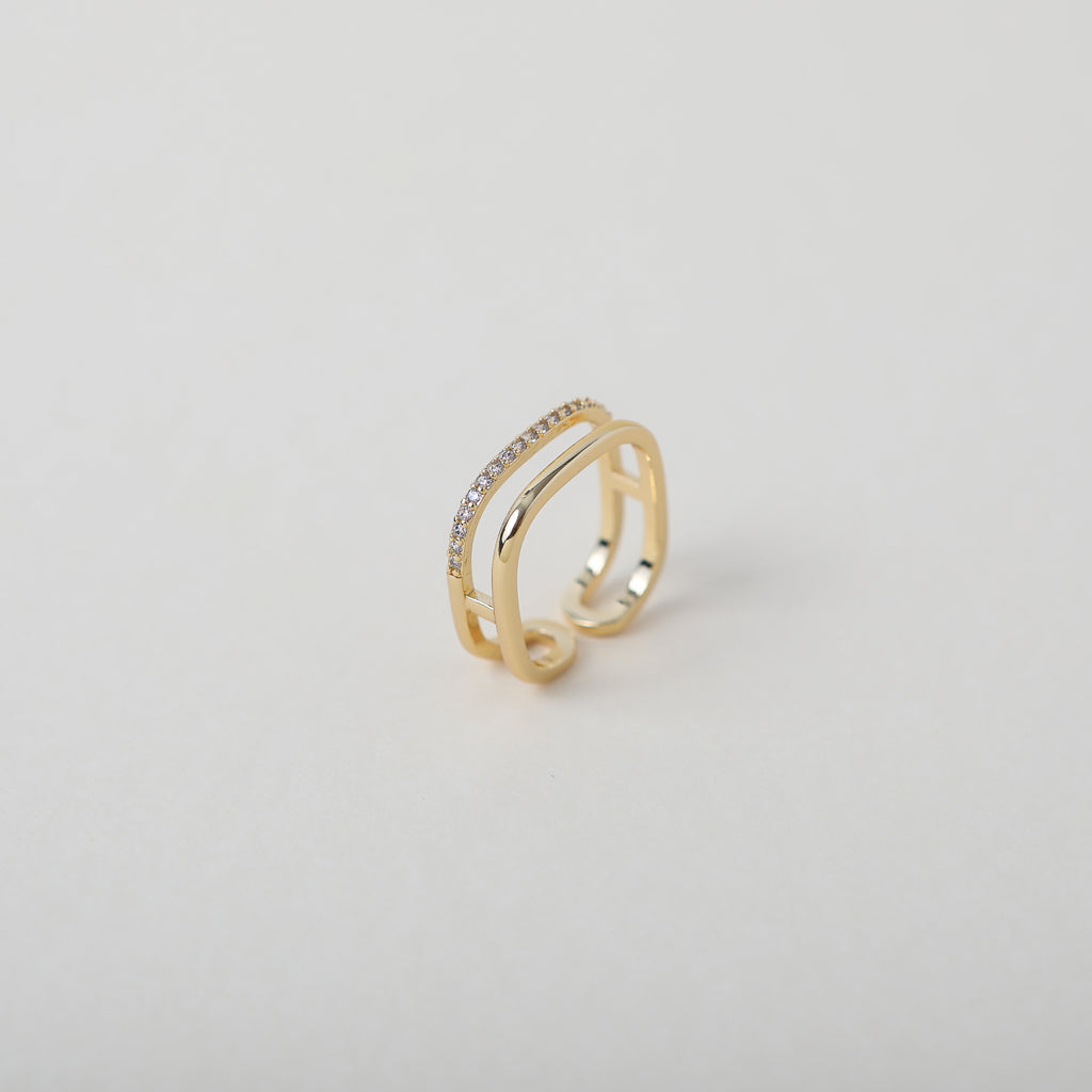 Square geometric shaped gold & crystal ring