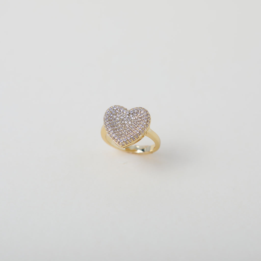 gold heart ring with pave set crystals