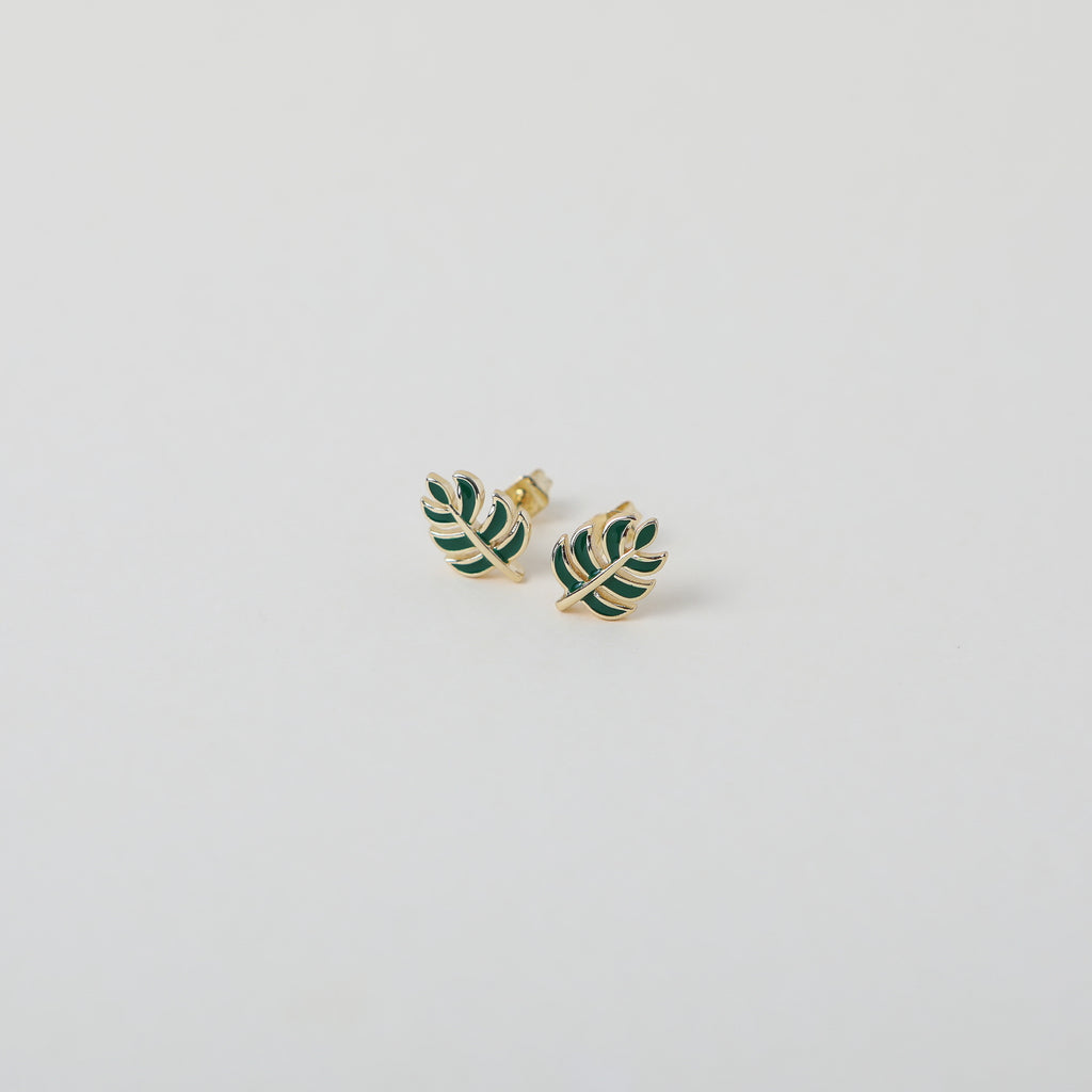 gold and green enamel leaf studs