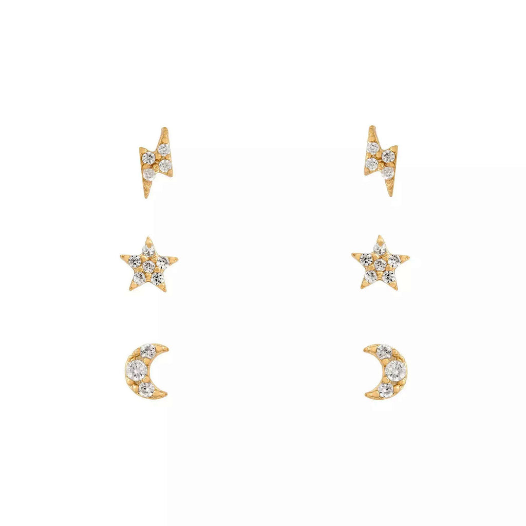 Three sets of gold studs, gold and crystal star, moon and lighting bold