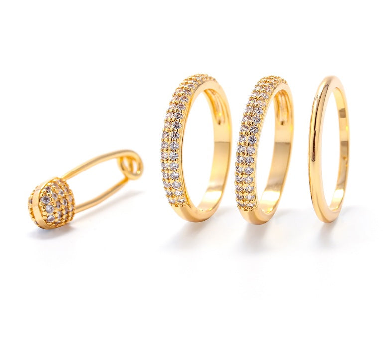 Stackable crystal and gold safety pin ring
