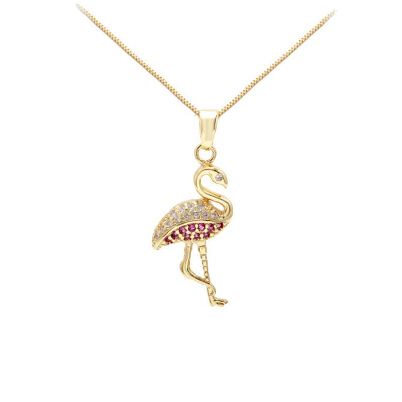 Gold chain with a gold and pink crystal accented flamingo pendant