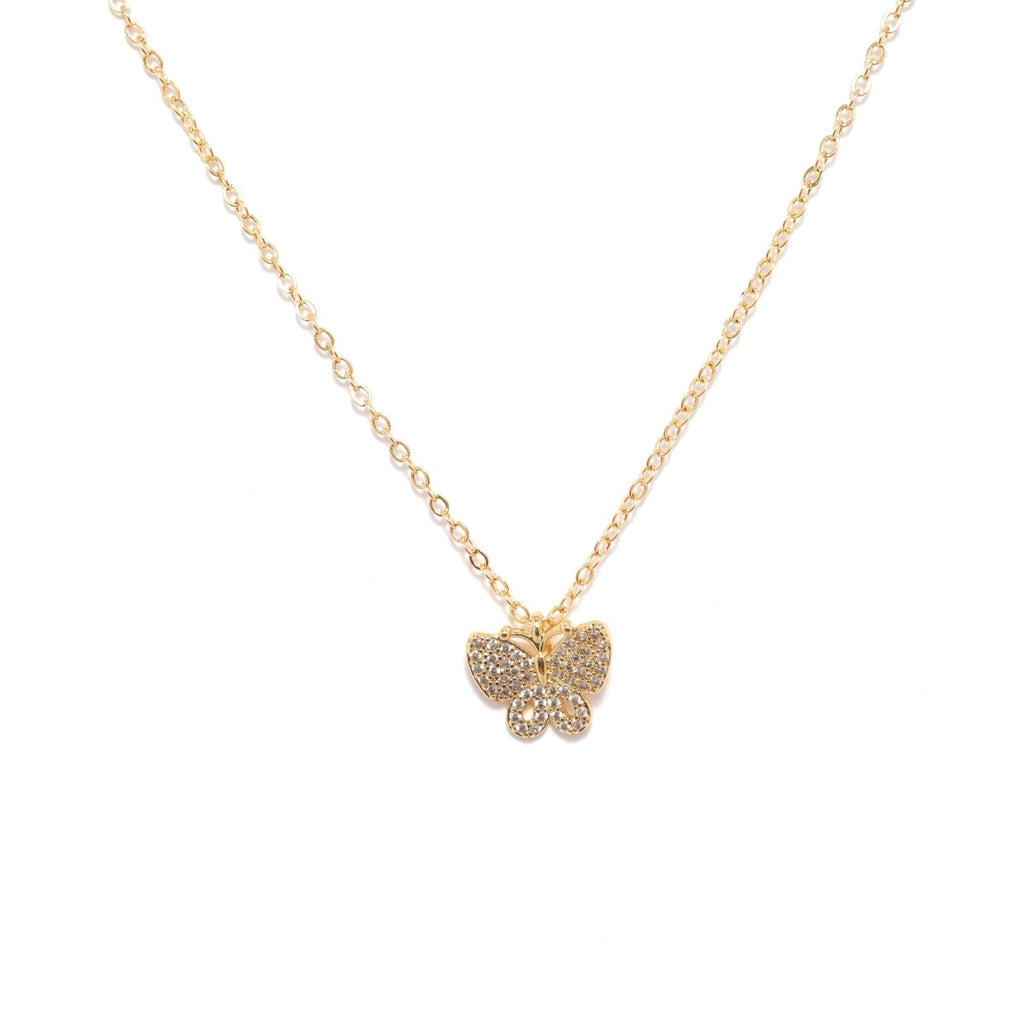 Crystal embellished gold butterfly charm on a gold necklace