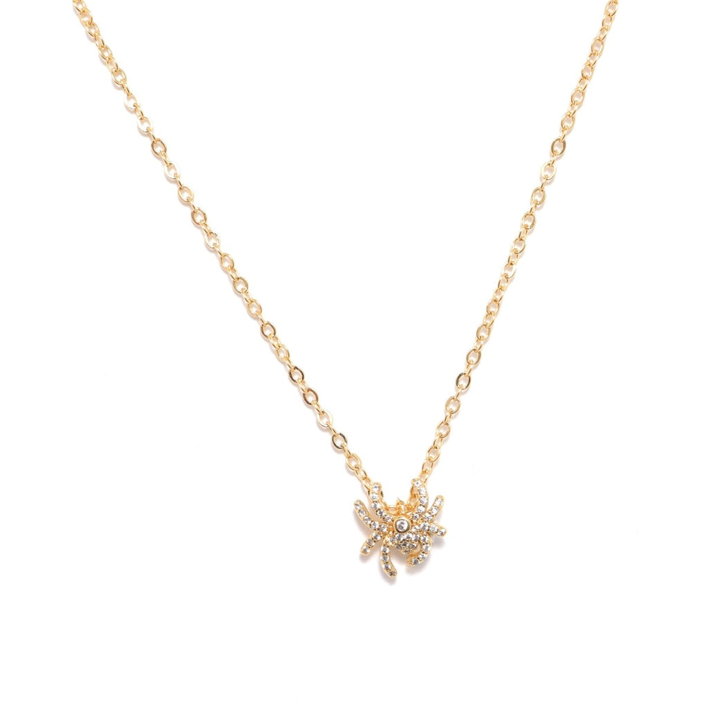 Gold necklace with a gold and crystal embellished spider charm