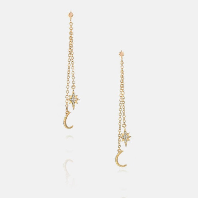 Gold Double chain star and moon drop earrings with gold moon and crystal embellished star